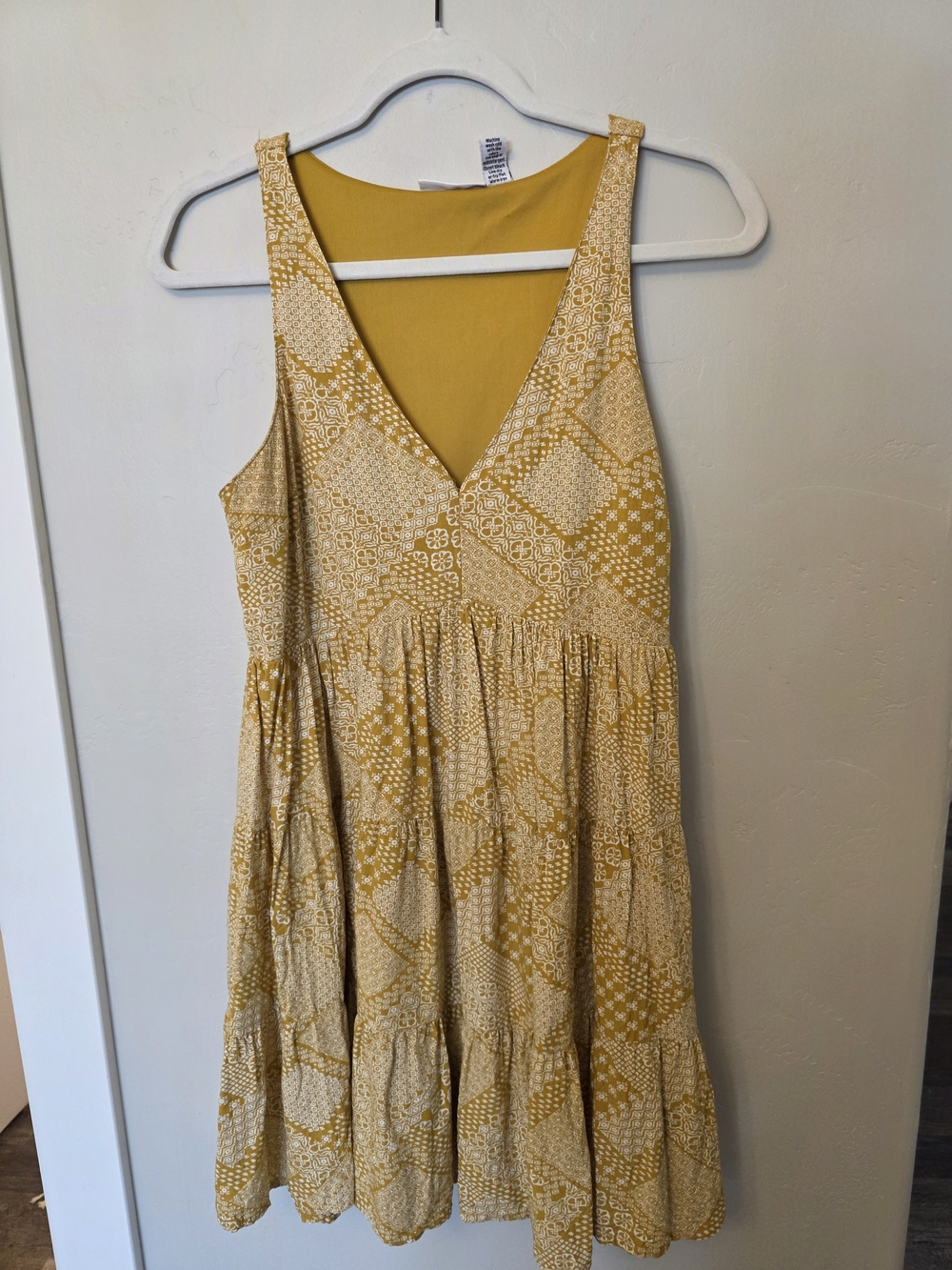 Sincerely Jules Mustard Patchwork V-Neck Tiered Mini Dress